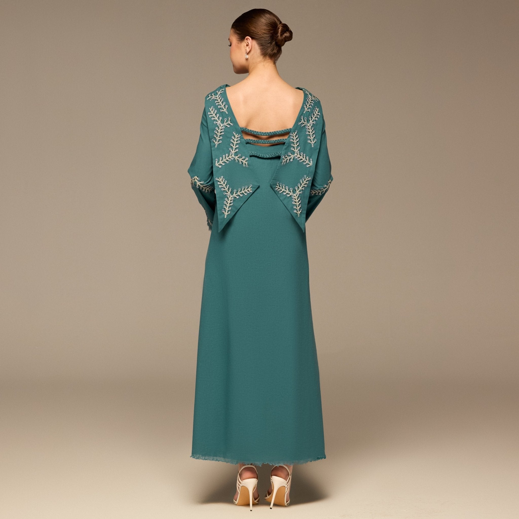 Teal Embroidered Neckline and Sleeve Linen Dress - shopaleena