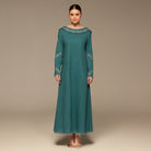 Teal Embroidered Neckline and Sleeve Linen Dress - shopaleena