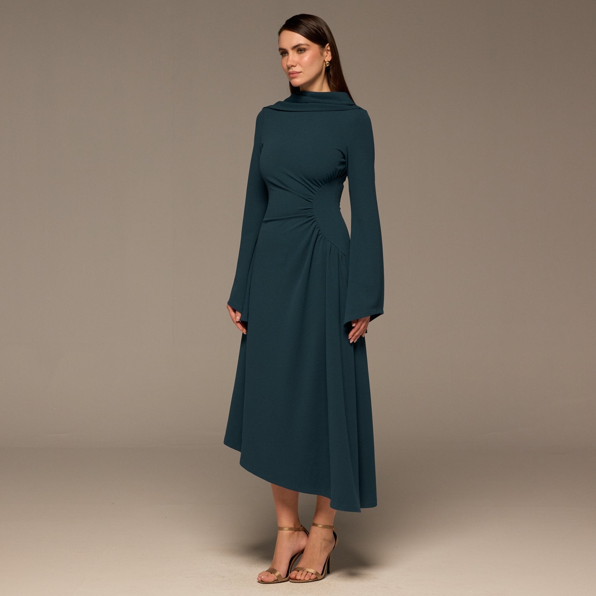 Teal Gathered Waist Midi Dress with Scarf - shopaleena