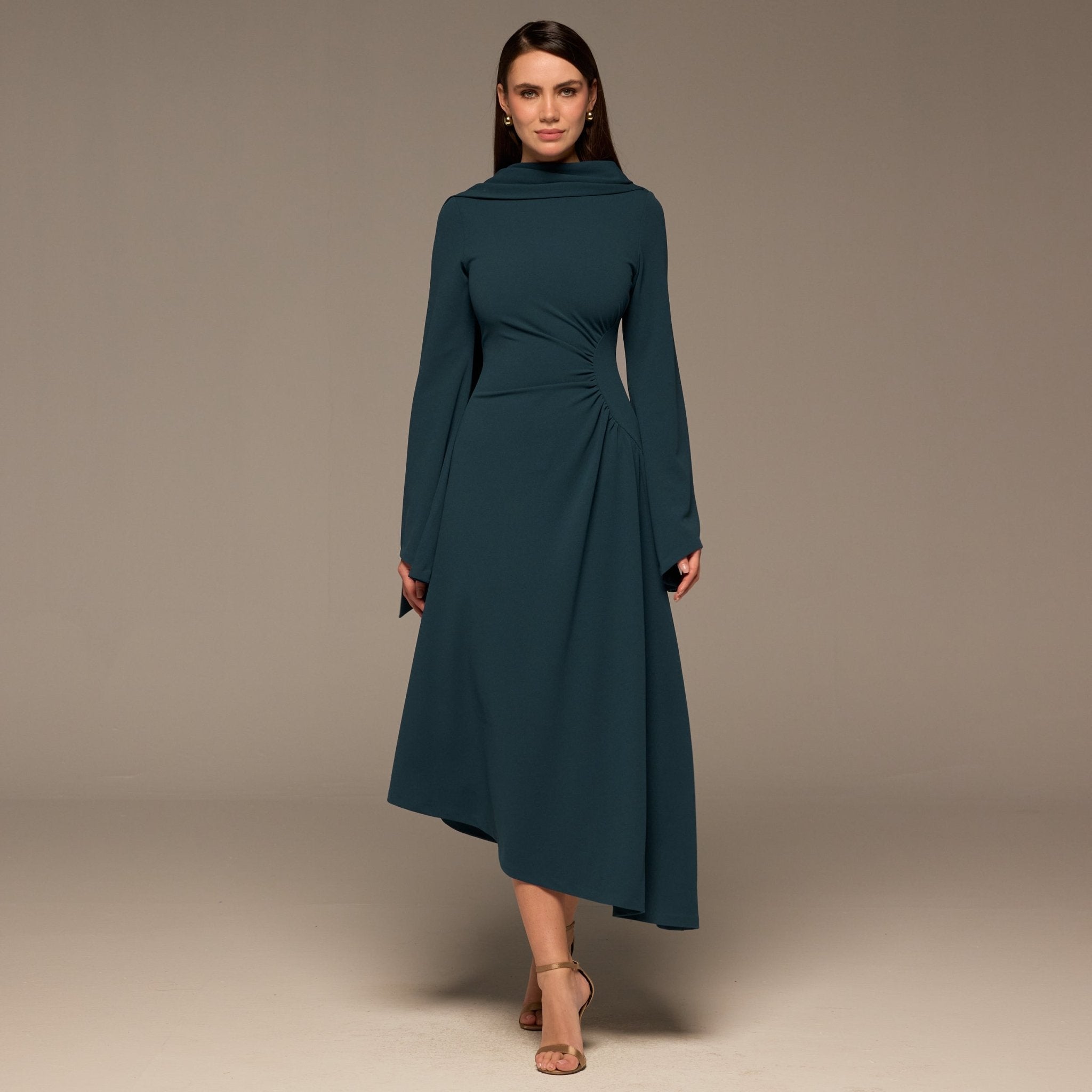 Teal Gathered Waist Midi Dress with Scarf - shopaleena