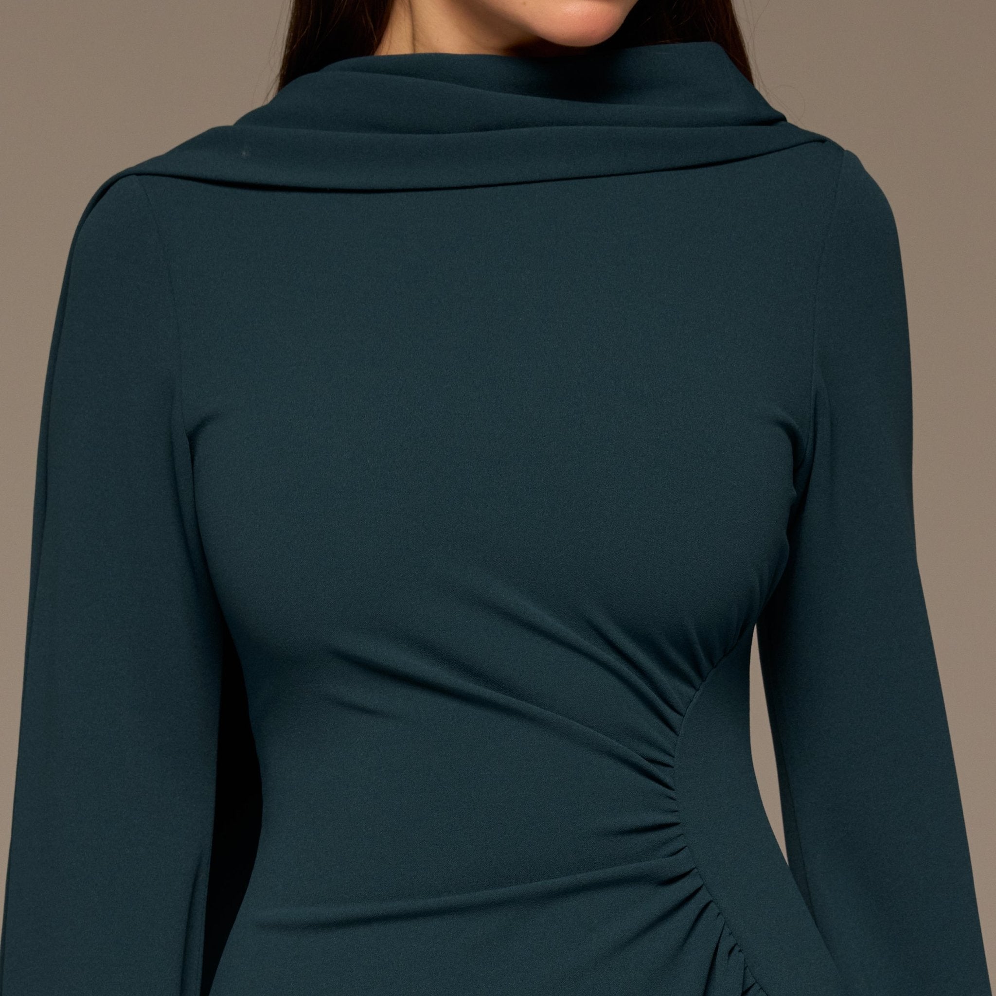 Teal Gathered Waist Midi Dress with Scarf - shopaleena