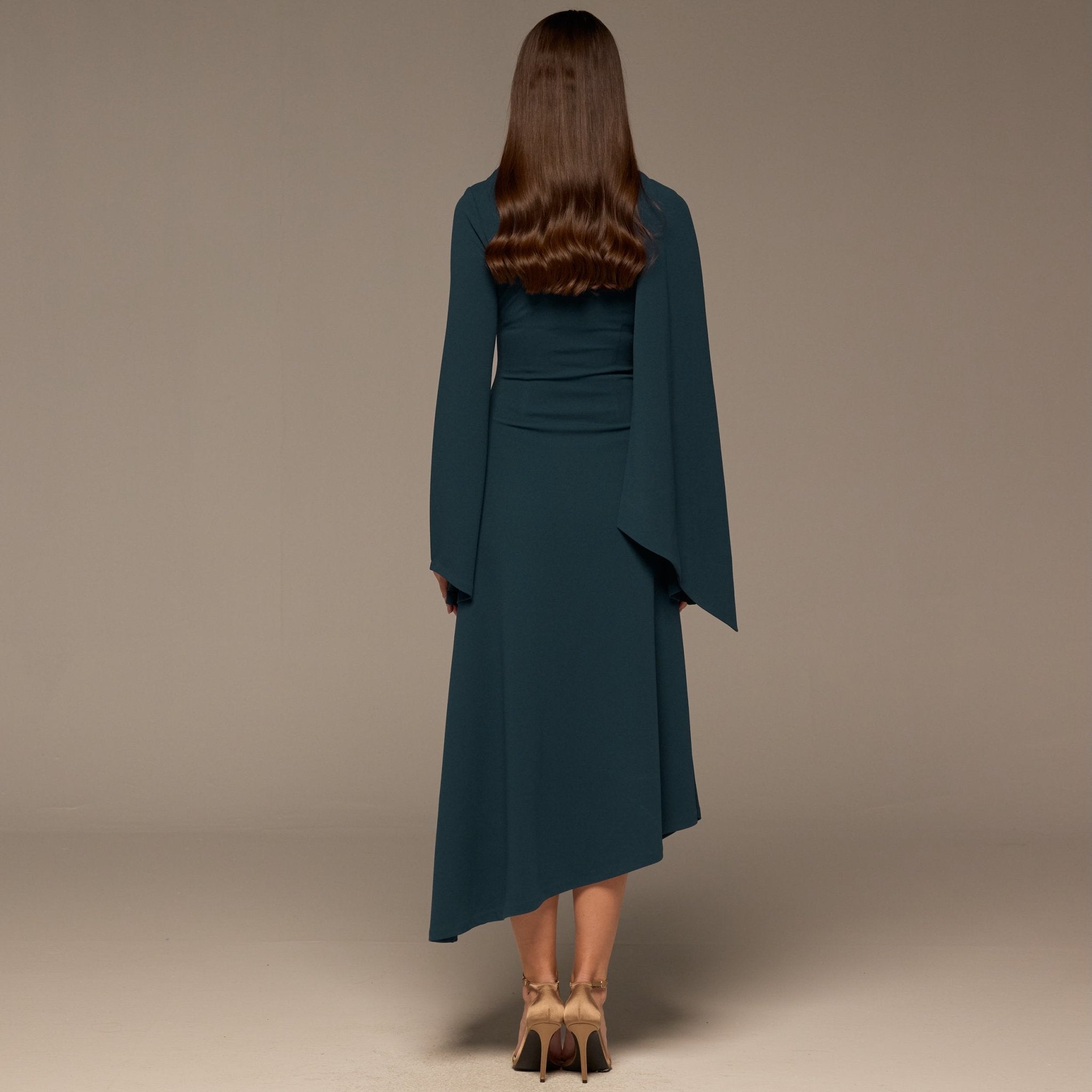 Teal Gathered Waist Midi Dress with Scarf - shopaleena