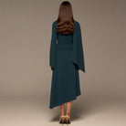 Teal Gathered Waist Midi Dress with Scarf - shopaleena