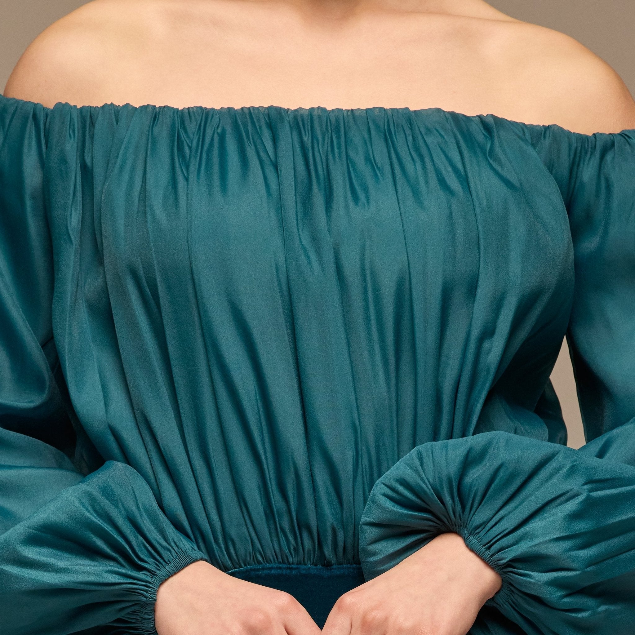 Teal Off - Shoulder Embroidered Organza & Velvet Dress - shopaleena