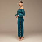 Teal Off - Shoulder Embroidered Organza & Velvet Dress - shopaleena