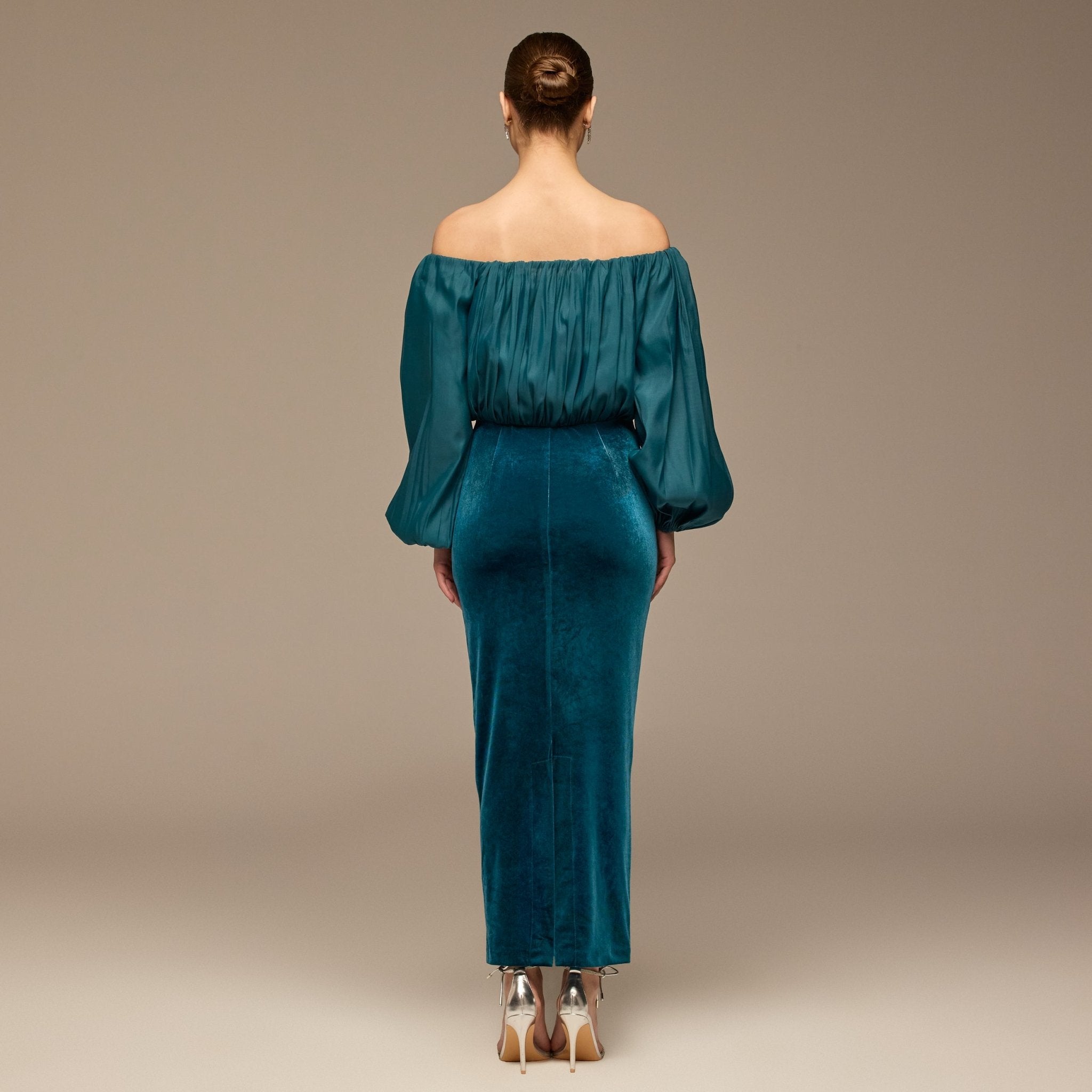 Teal Off - Shoulder Embroidered Organza & Velvet Dress - shopaleena