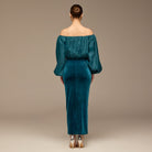 Teal Off - Shoulder Embroidered Organza & Velvet Dress - shopaleena