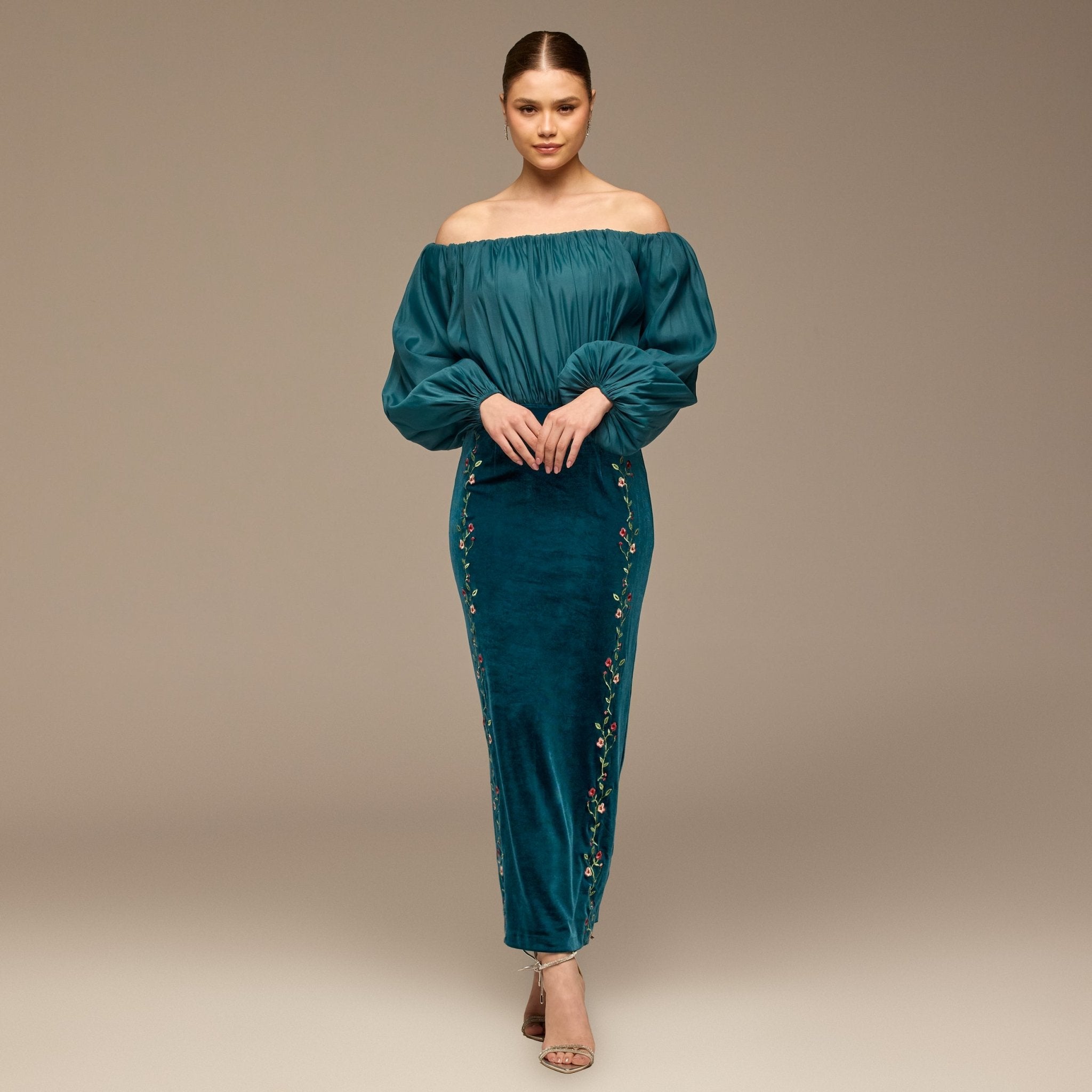 Teal Off - Shoulder Embroidered Organza & Velvet Dress - shopaleena