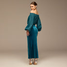 Teal Off - Shoulder Embroidered Organza & Velvet Dress - shopaleena