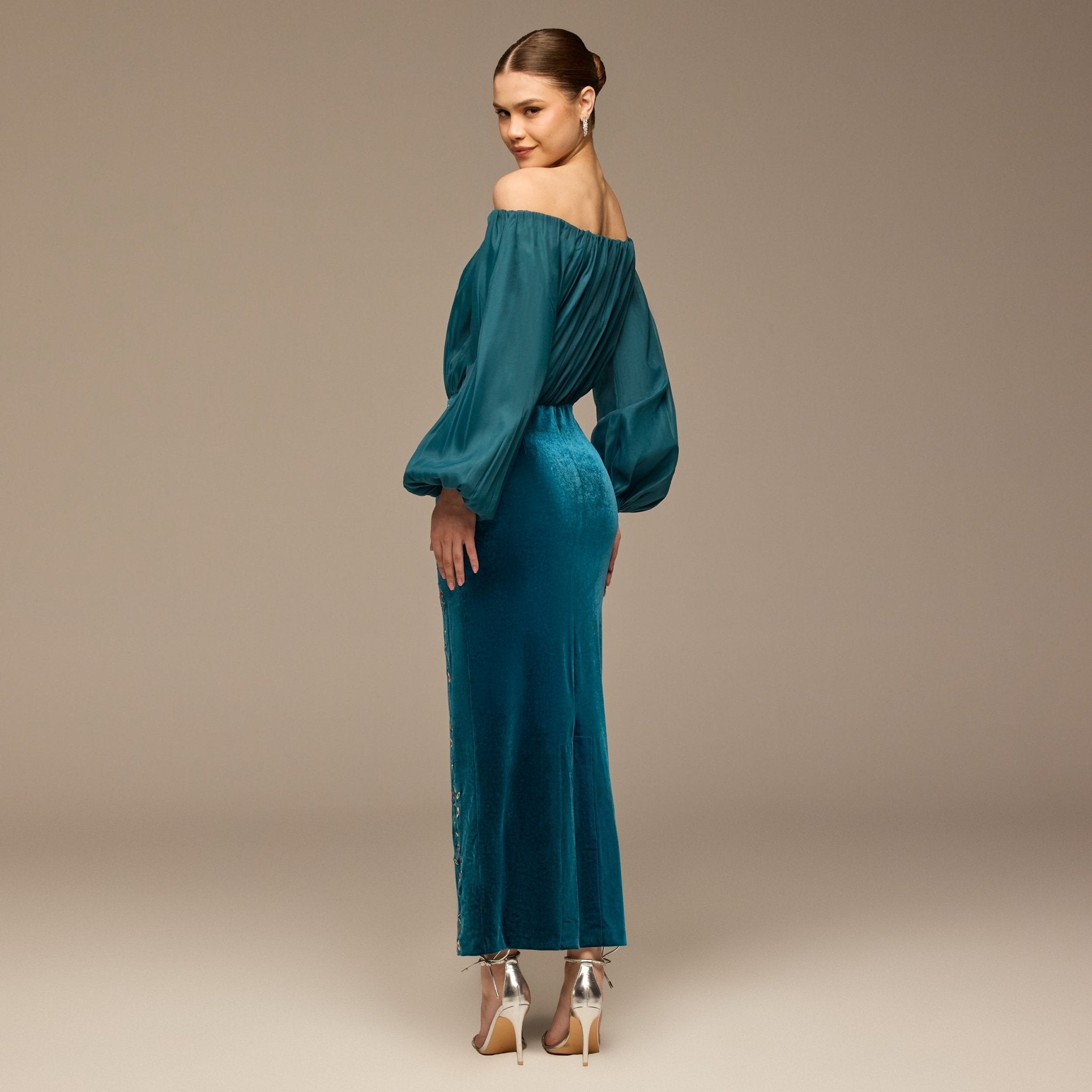 Teal Off - Shoulder Embroidered Organza & Velvet Dress - shopaleena