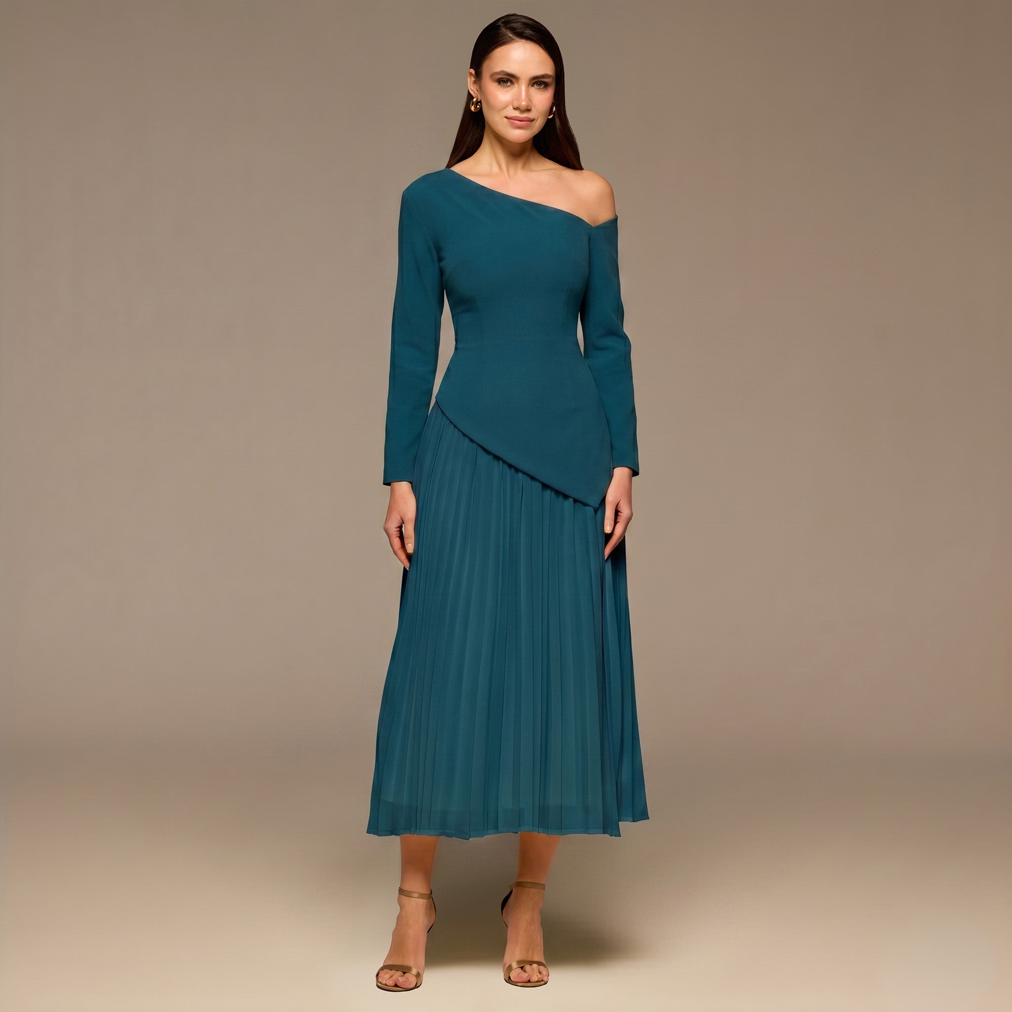 Teal One - shoulder Crepe Dress With Pleated Skirt - shopaleena