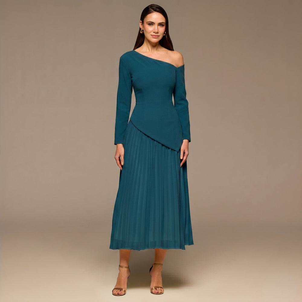 Teal One - shoulder Crepe Dress With Pleated Skirt - shopaleena
