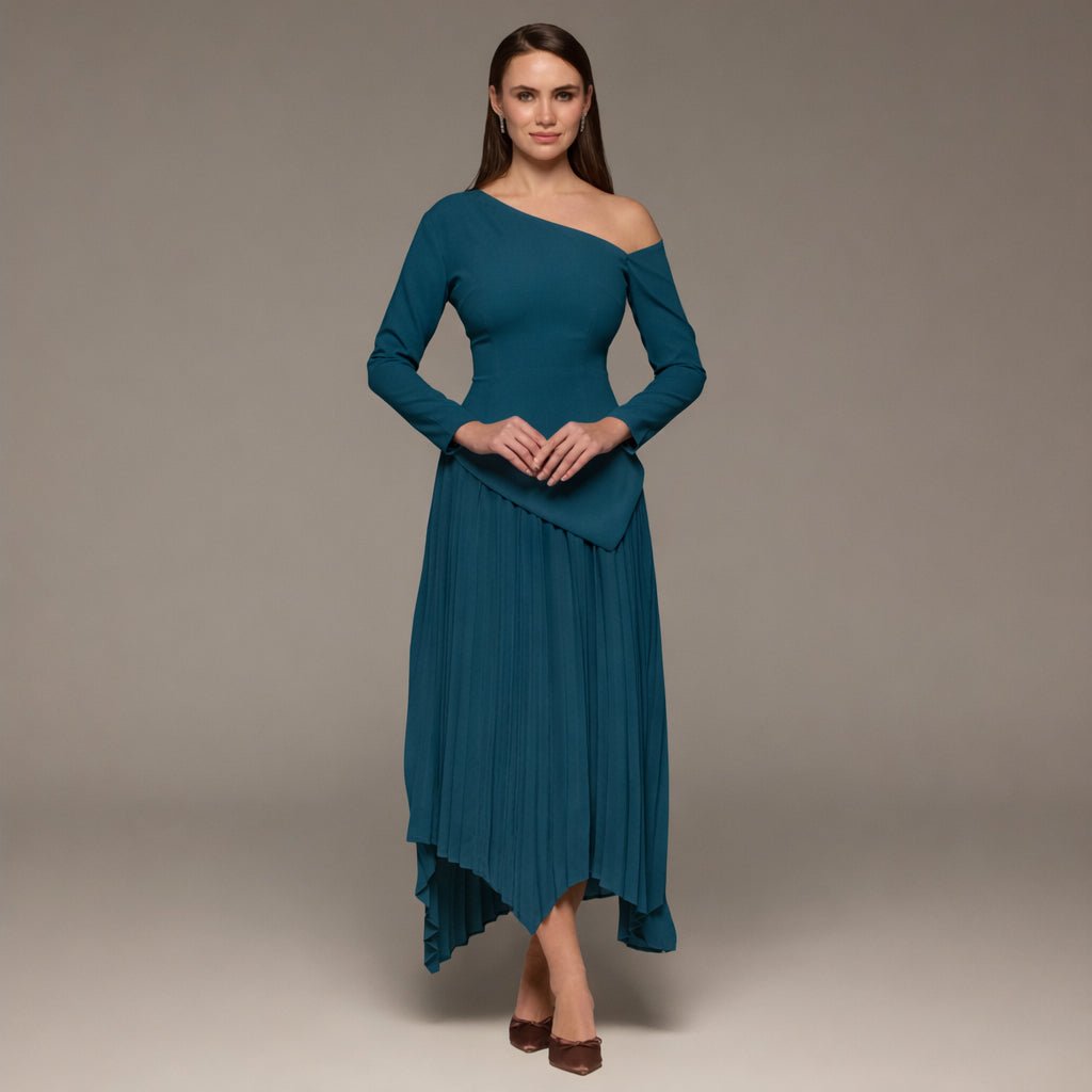 Teal One - shoulder Crepe Dress With Pleated Skirt - shopaleena
