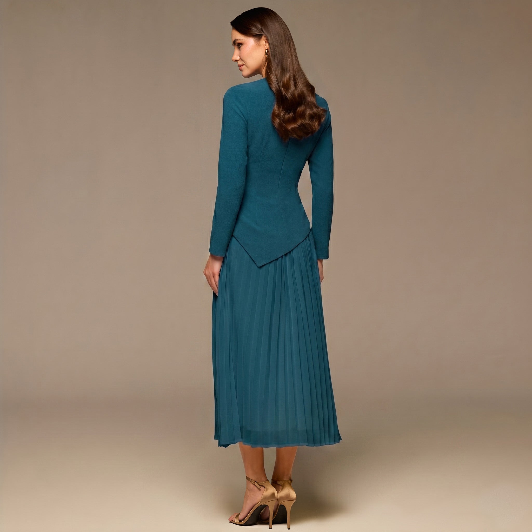 Teal One - shoulder Crepe Dress With Pleated Skirt - shopaleena