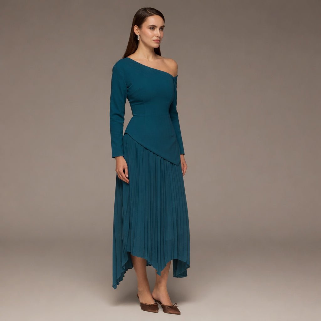Teal One - shoulder Crepe Dress With Pleated Skirt - shopaleena