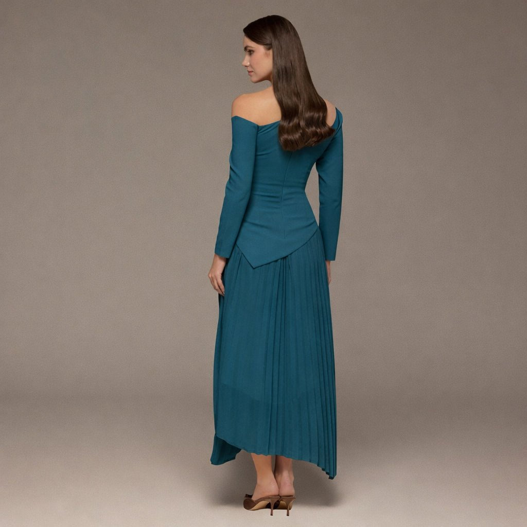Teal One - shoulder Crepe Dress With Pleated Skirt - shopaleena