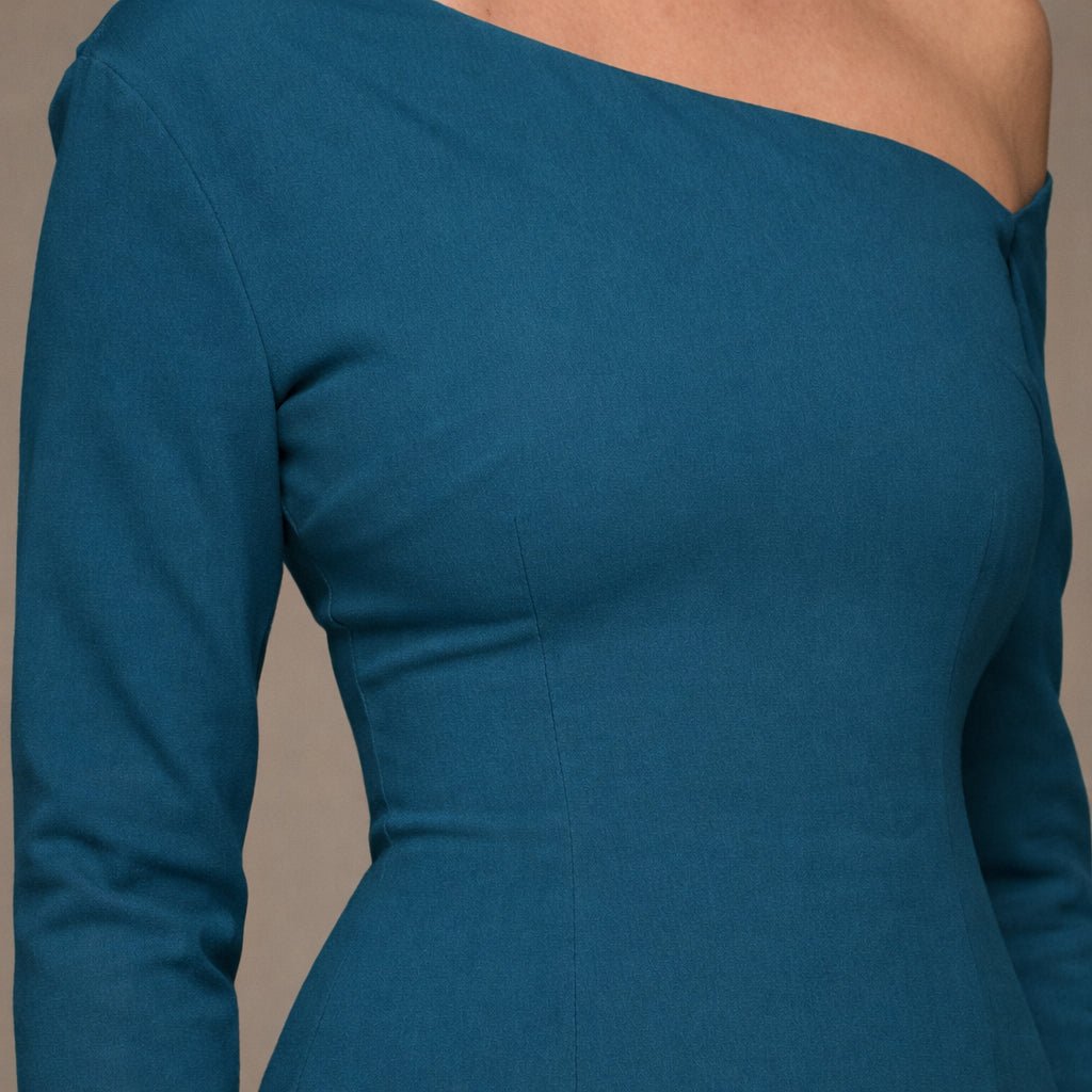 Teal One - shoulder Crepe Dress With Pleated Skirt - shopaleena