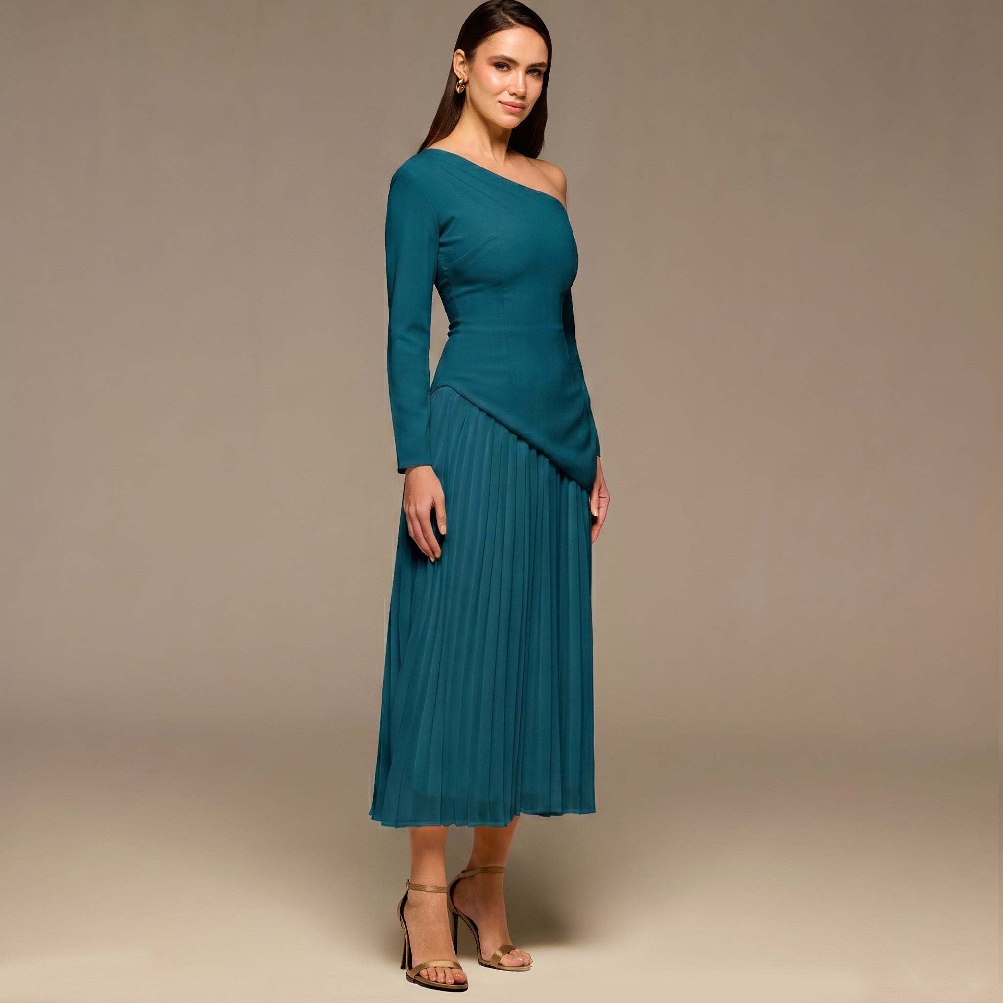 Teal One - shoulder Crepe Dress With Pleated Skirt - shopaleena