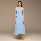 Teal Ruffle Neck Pleated Chiffon Dress - shopaleena