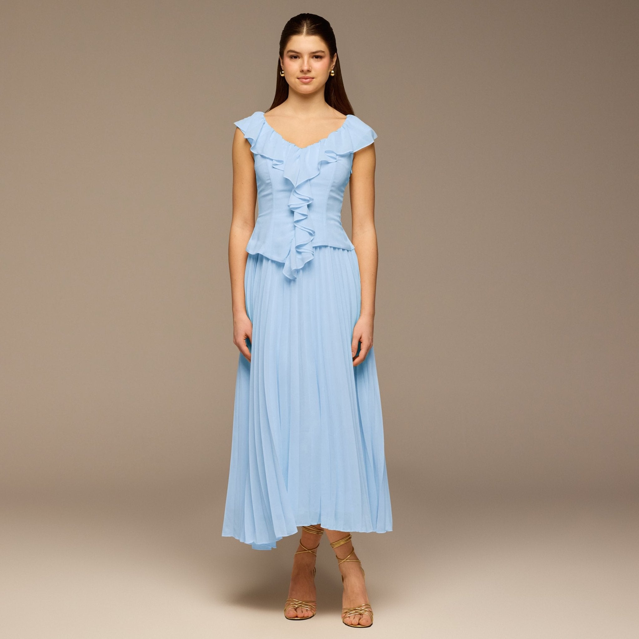 Teal Ruffle Neck Pleated Chiffon Dress - shopaleena