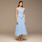 Teal Ruffle Neck Pleated Chiffon Dress - shopaleena