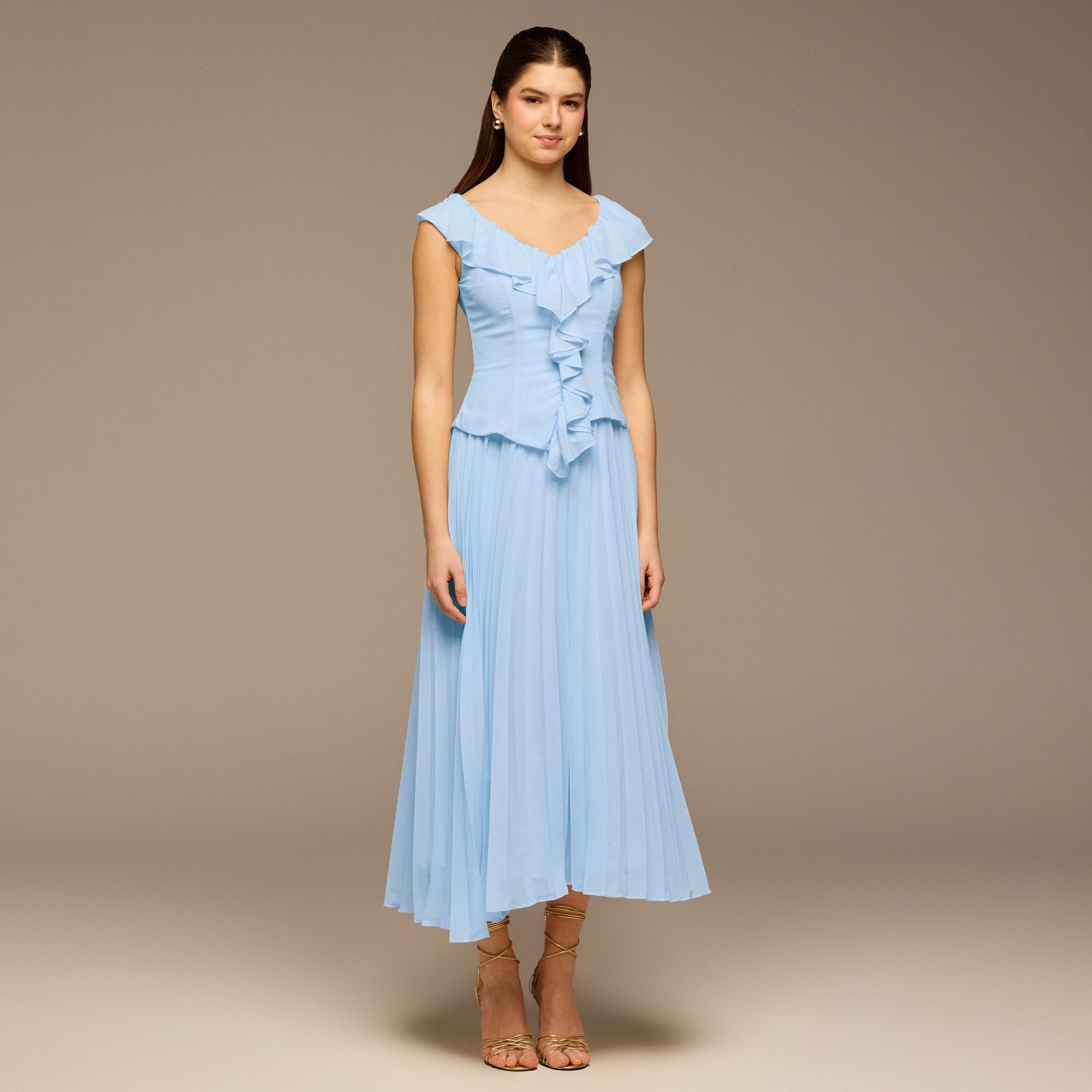 Teal Ruffle Neck Pleated Chiffon Dress - shopaleena