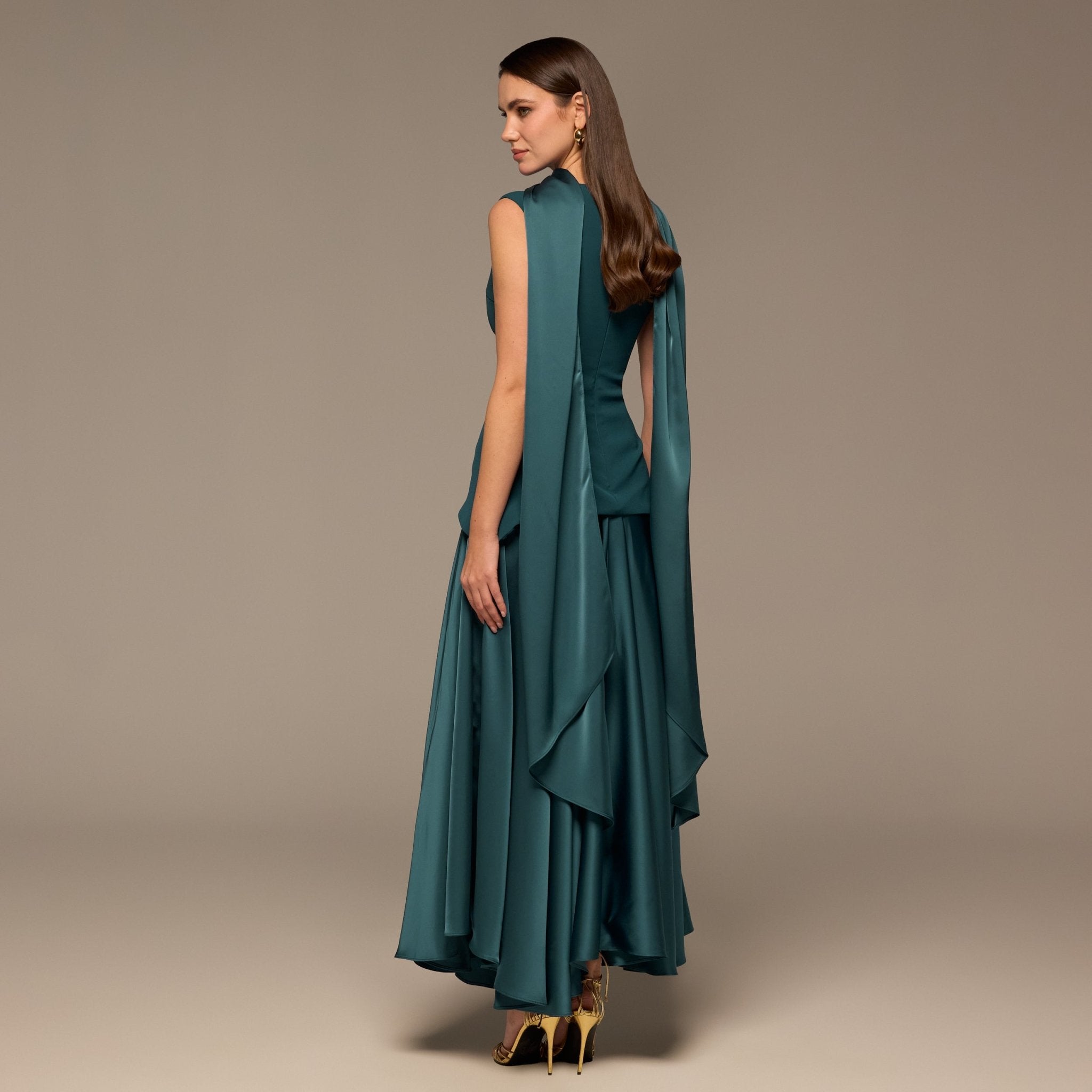 Teal Satin & Crepe Maxi Dress with Back Scarf - shopaleena