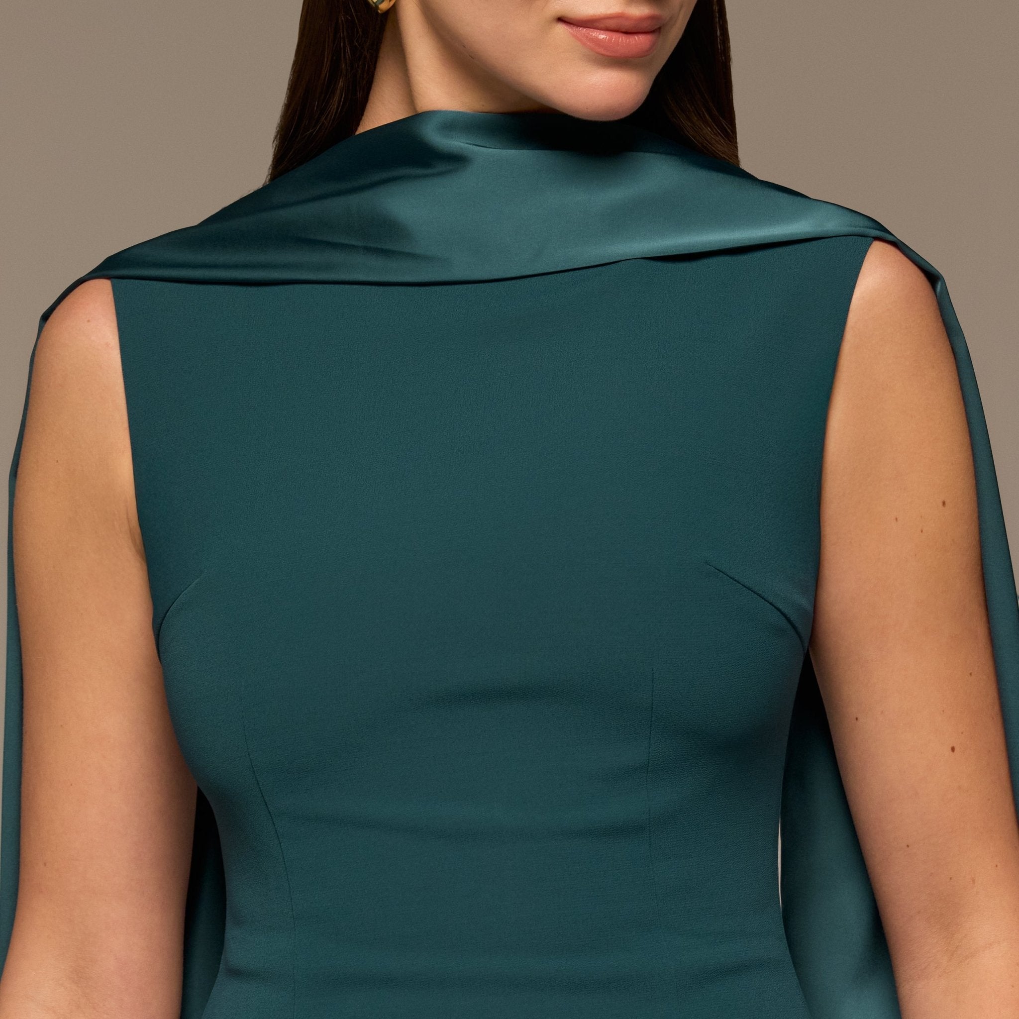 Teal Satin & Crepe Maxi Dress with Back Scarf - shopaleena