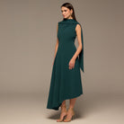 Teal Shoulder Scarf Asymmetric Midi Dress - shopaleena