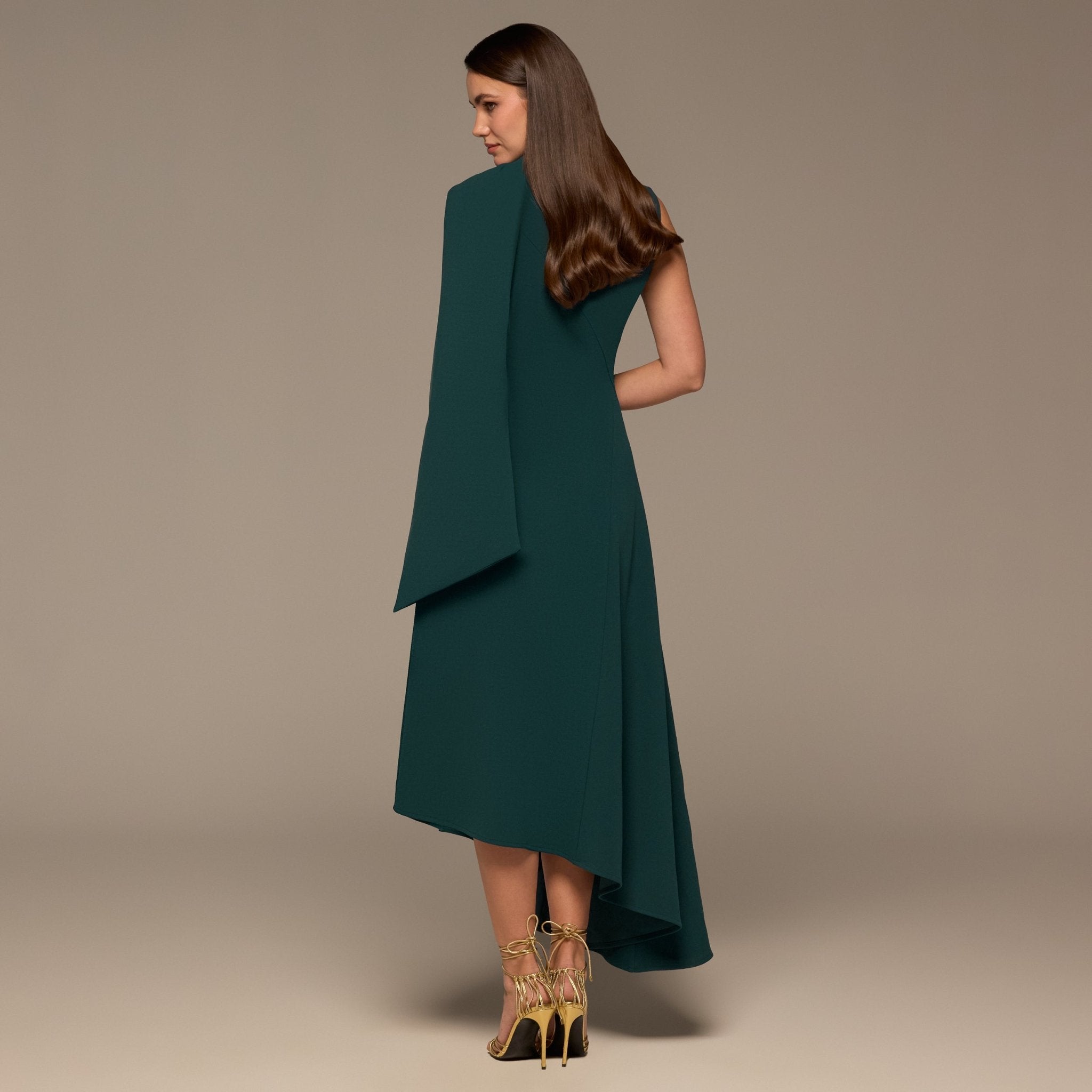 Teal Shoulder Scarf Asymmetric Midi Dress - shopaleena