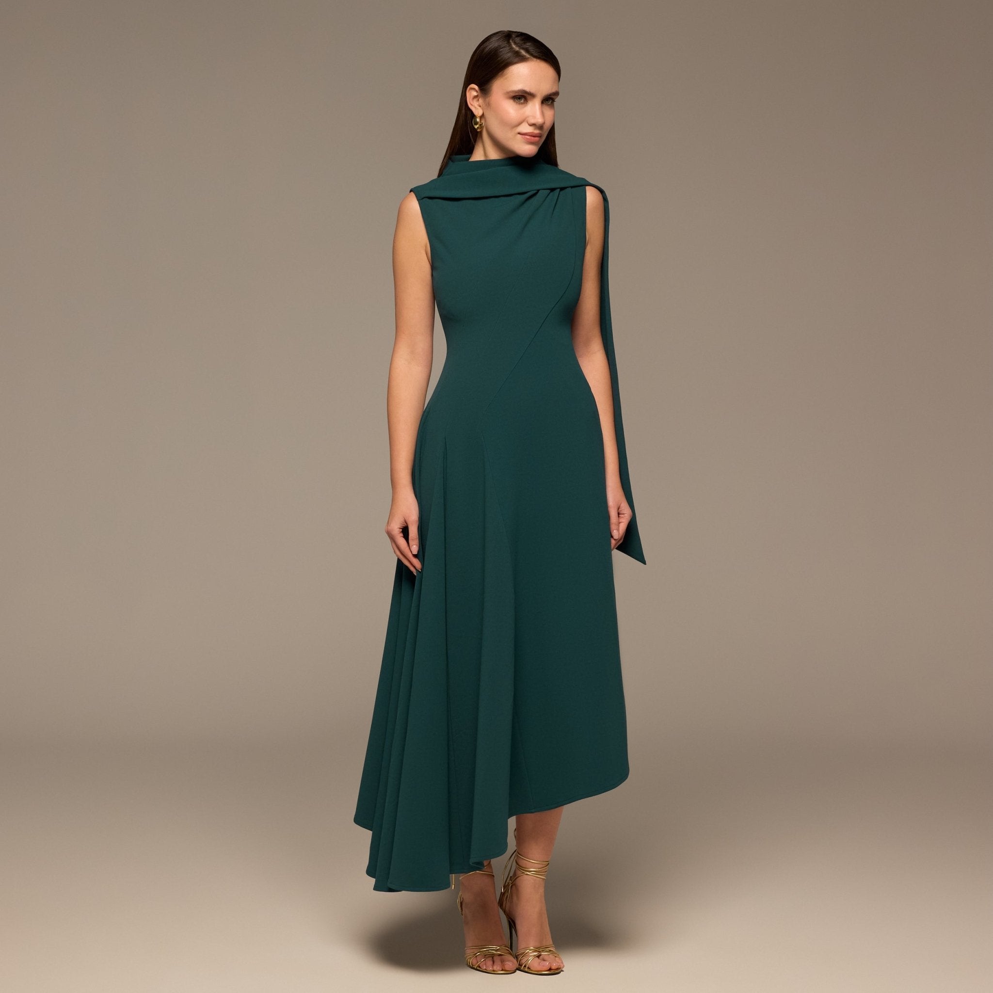 Teal Shoulder Scarf Asymmetric Midi Dress - shopaleena