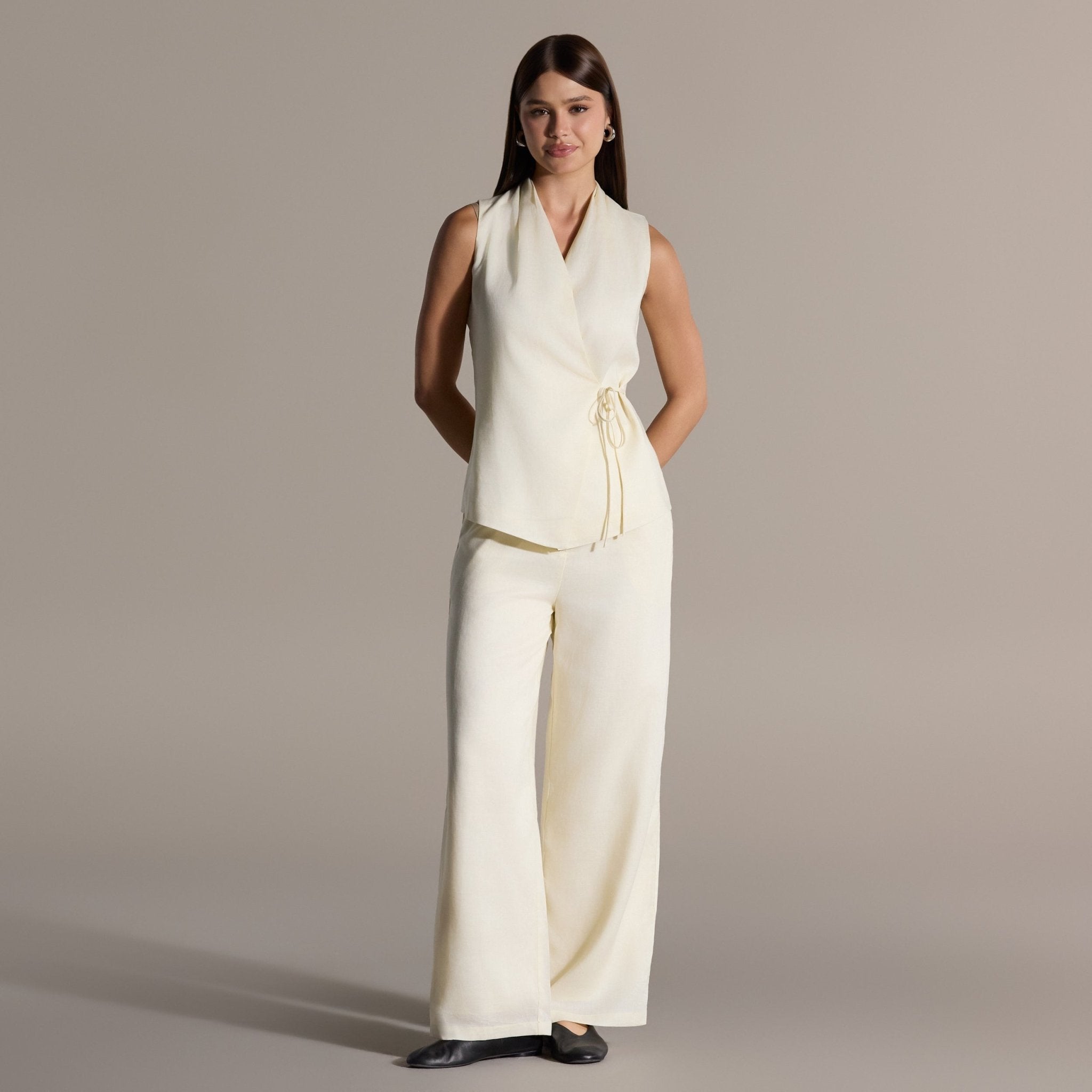 Tencel Blended Linen Ivory Wrap Top with Side Tie - shopaleena