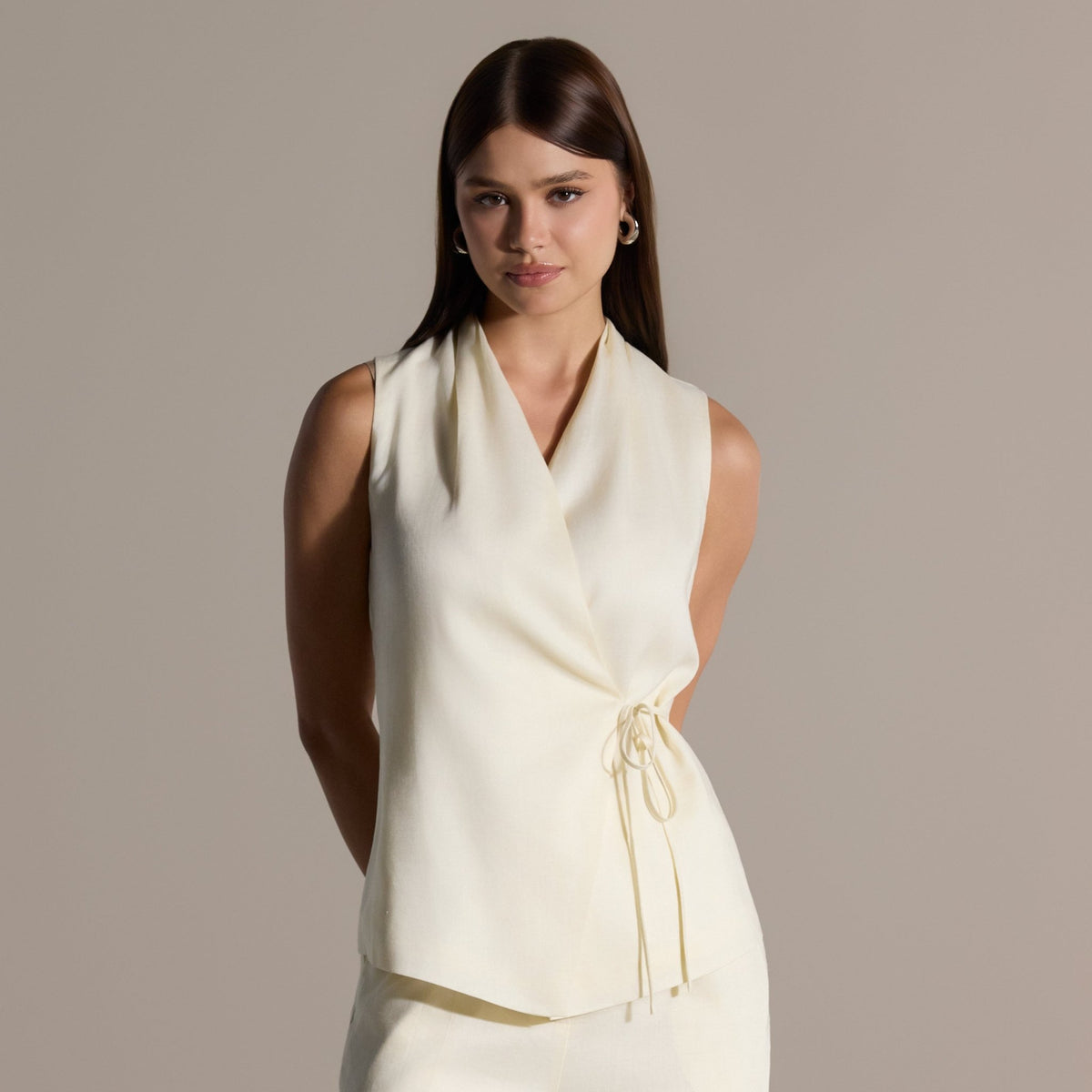 Tencel Blended Linen Ivory Wrap Top with Side Tie - shopaleena