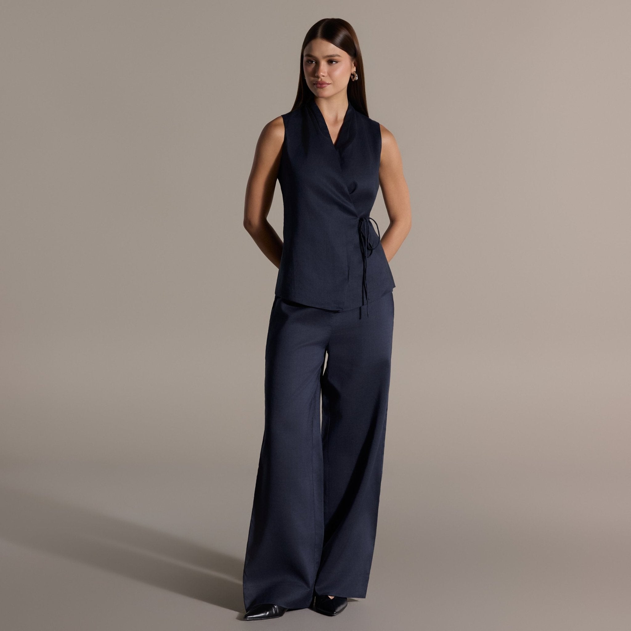 Tencel Linen Navy Blend Wrap Top with Side Tie - shopaleena