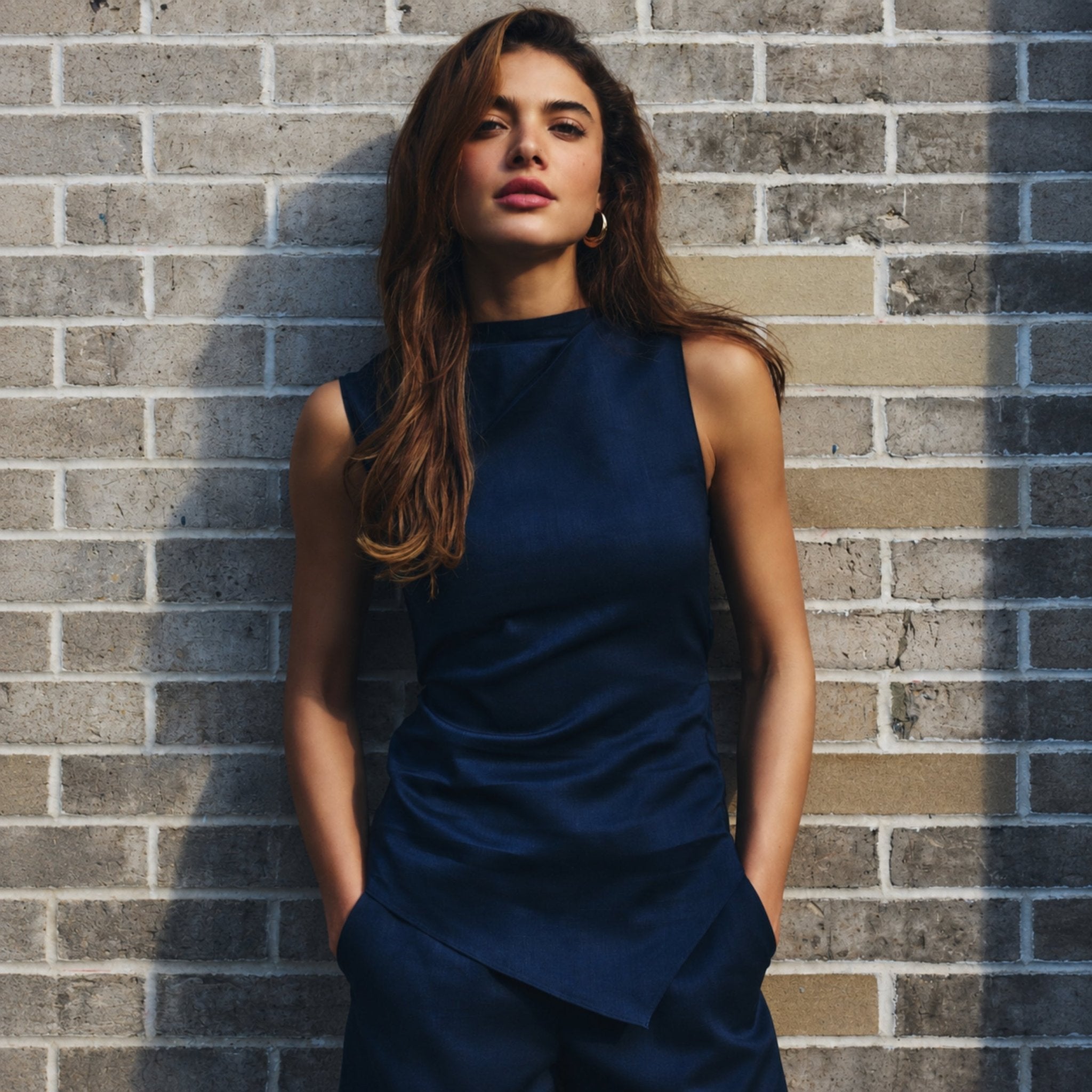 Tencel Linen Navy Sleeveless Asymmetric Top - shopaleena