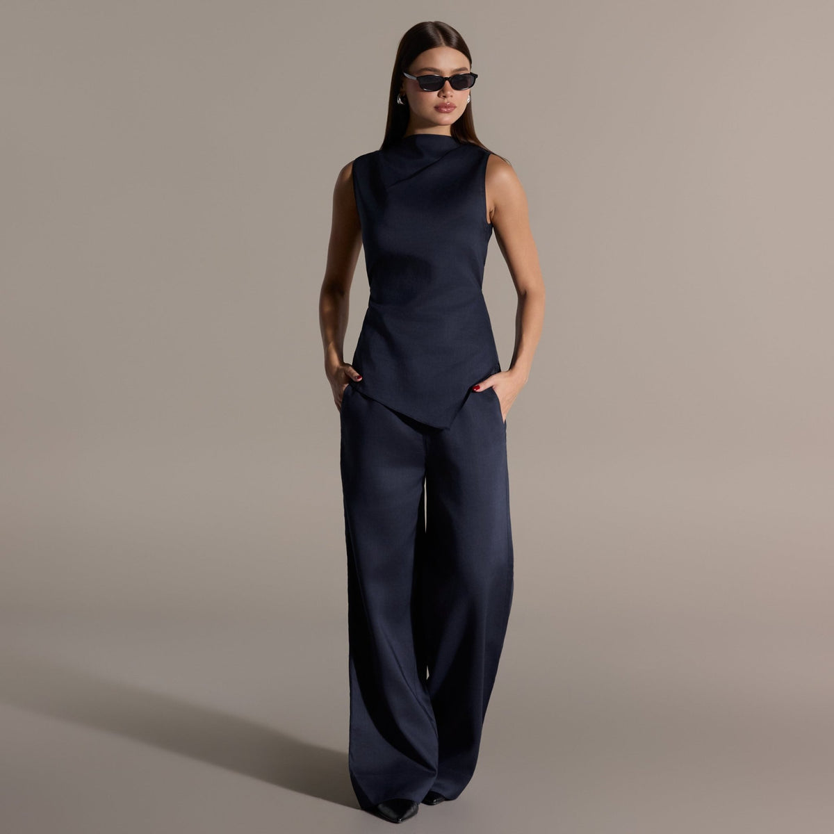 Tencel Linen Navy Wide-Leg Pants - shopaleena