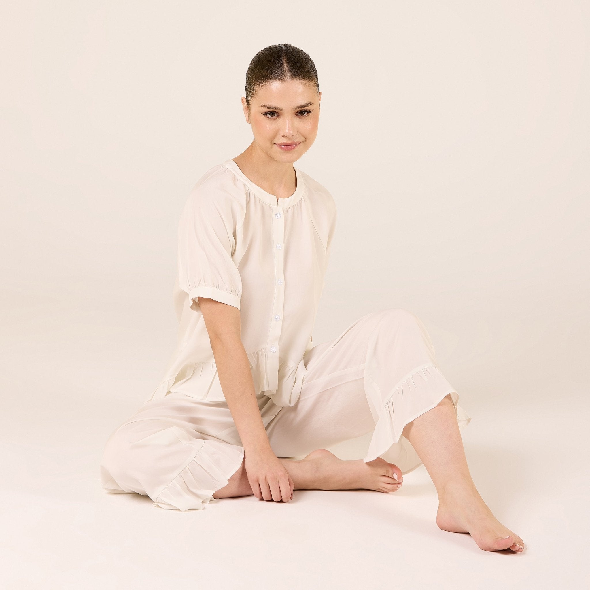 Tencel Plaid Short Balloon Sleeve Shirt - shopaleena