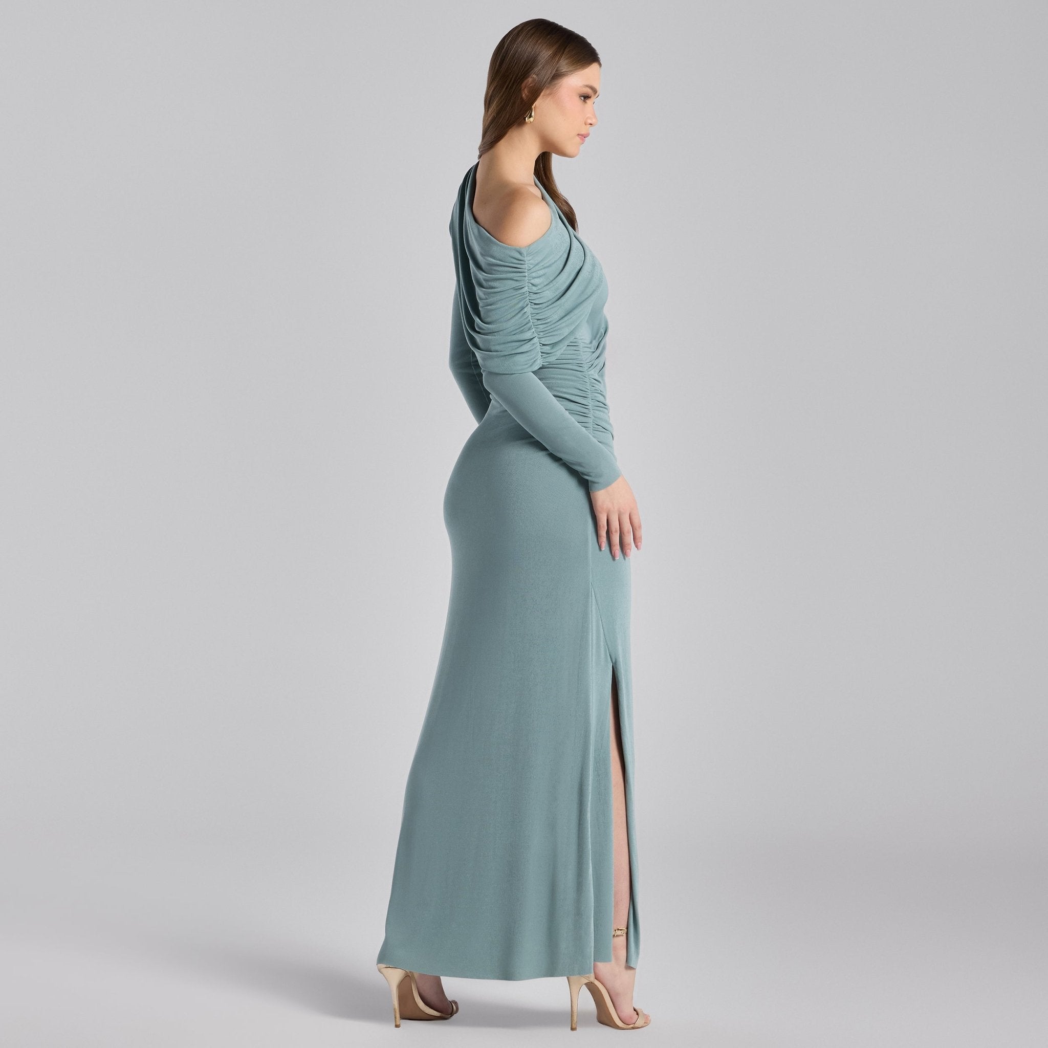 Turquoise Draped Shoulder Jersey Maxi Dress - shopaleena
