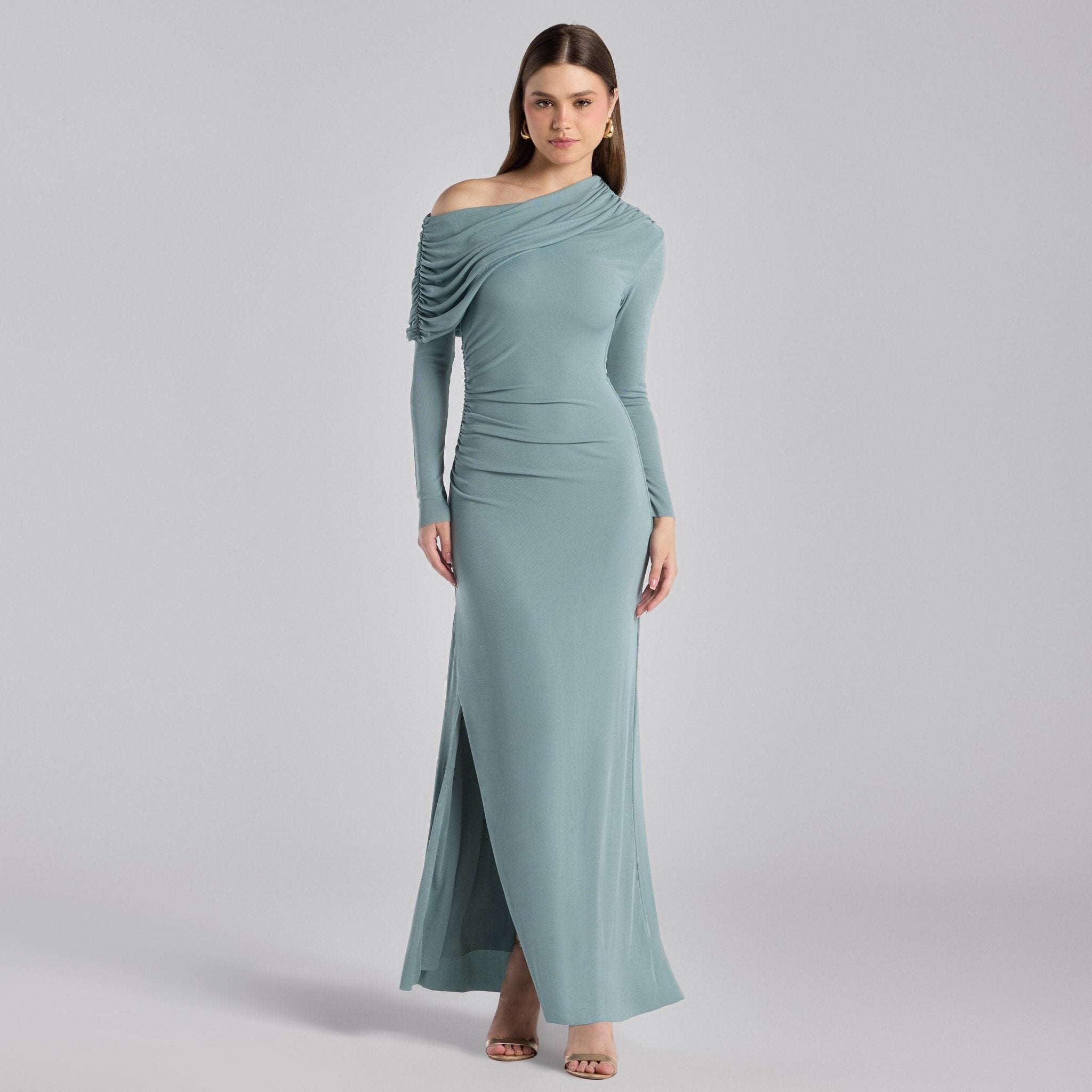 Turquoise Draped Shoulder Jersey Maxi Dress - shopaleena