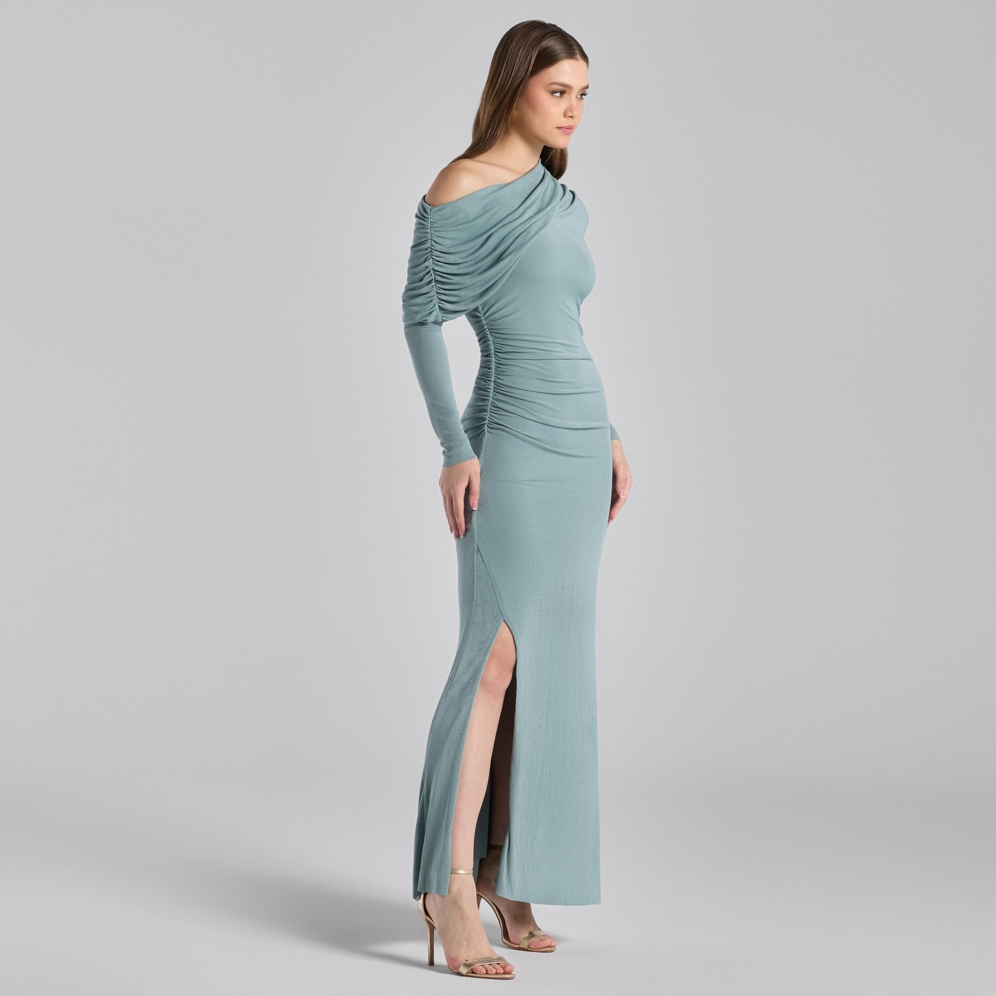 Turquoise Draped Shoulder Jersey Maxi Dress - shopaleena