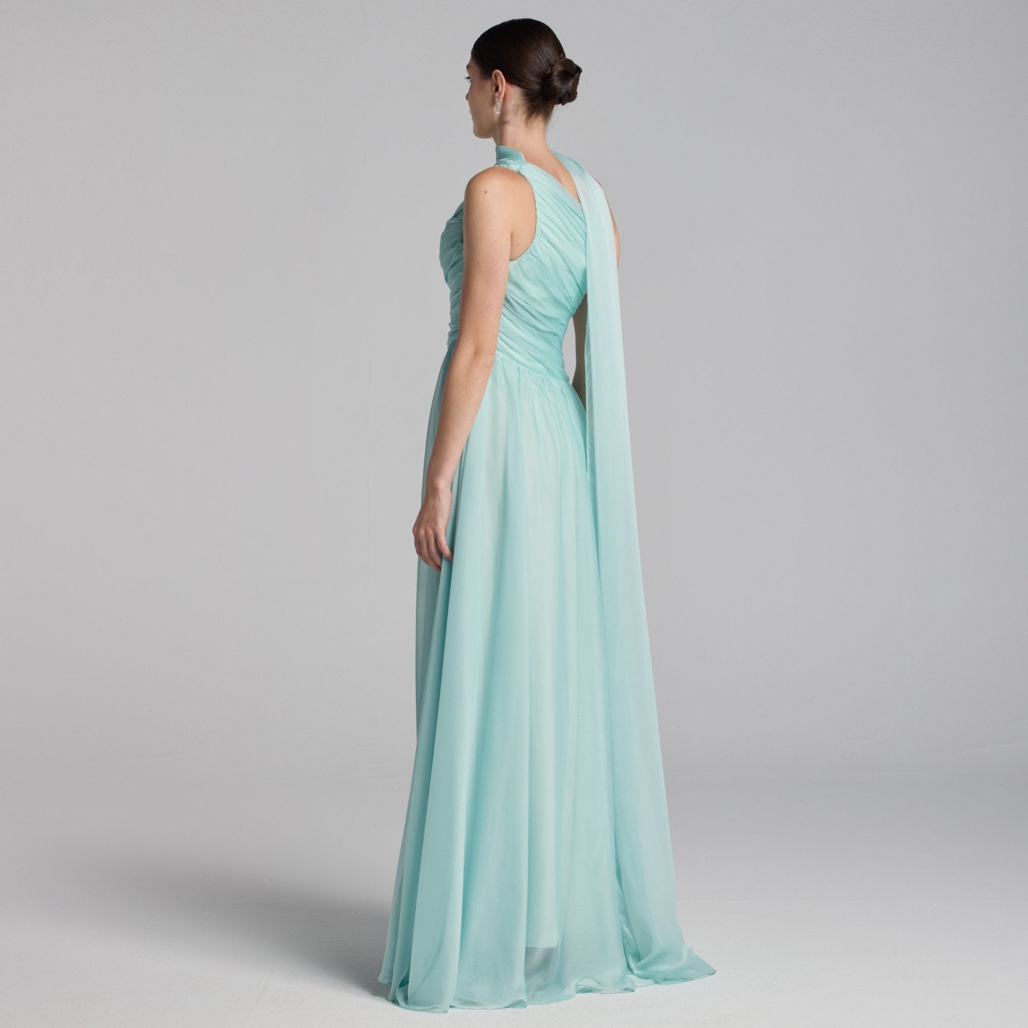 Turquoise One Shoulder Draped Chiffon Maxi Dress – shopaleena