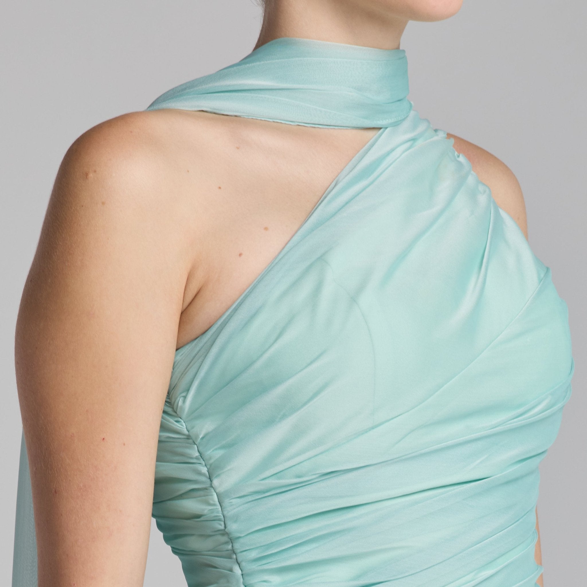 Turquoise One Shoulder Draped Chiffon Maxi Dress - shopaleena