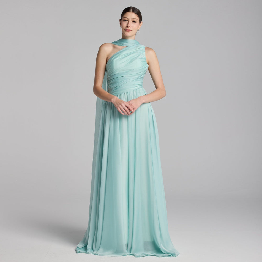 Turquoise One Shoulder Draped Chiffon Maxi Dress shopaleena Turquoise One Shoulder Draped Chiffon Maxi Dress shopaleena