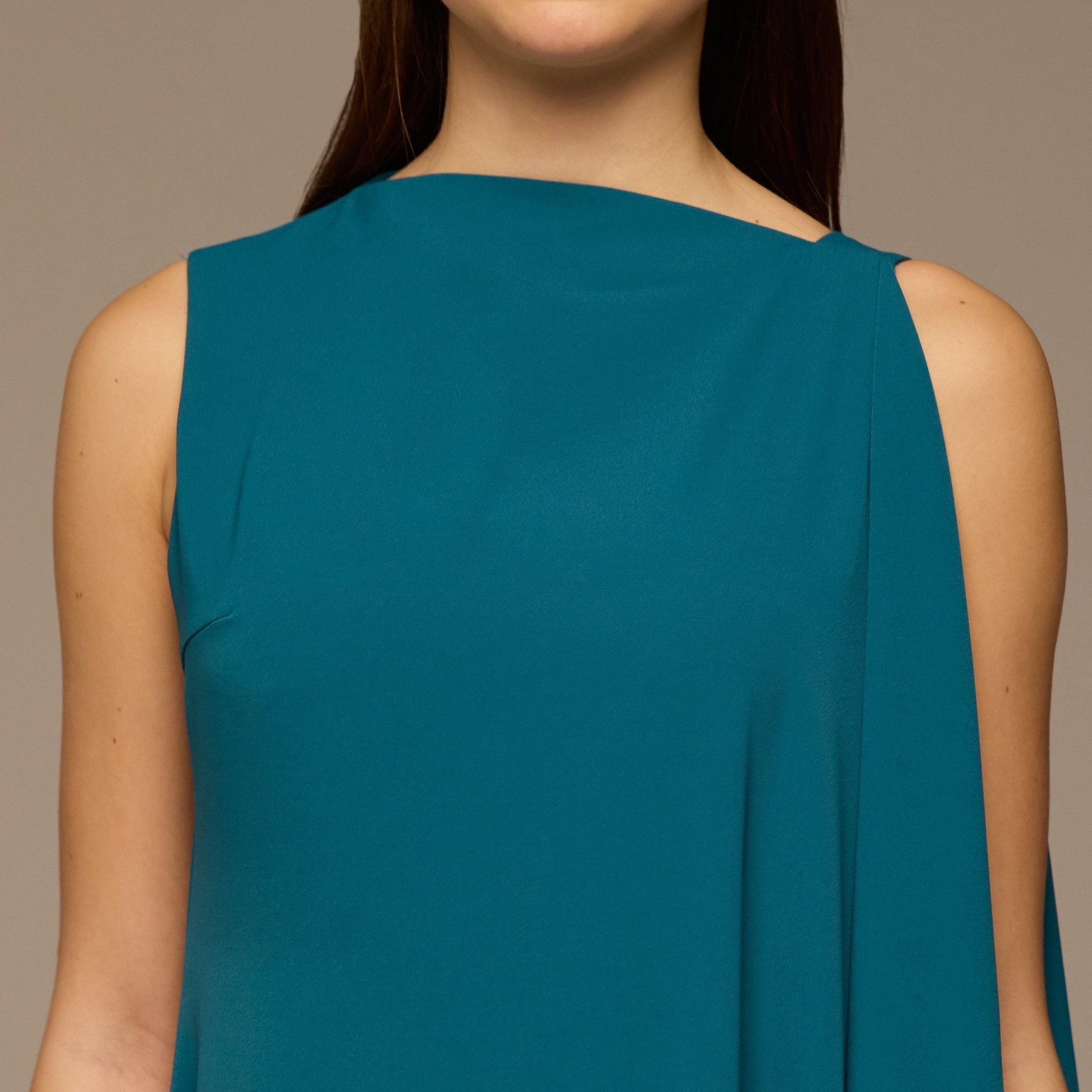Turquoise Sleeveless Crepe Maxi Dress with Side Scarf - shopaleena