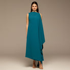 Turquoise Sleeveless Crepe Maxi Dress with Side Scarf - shopaleena