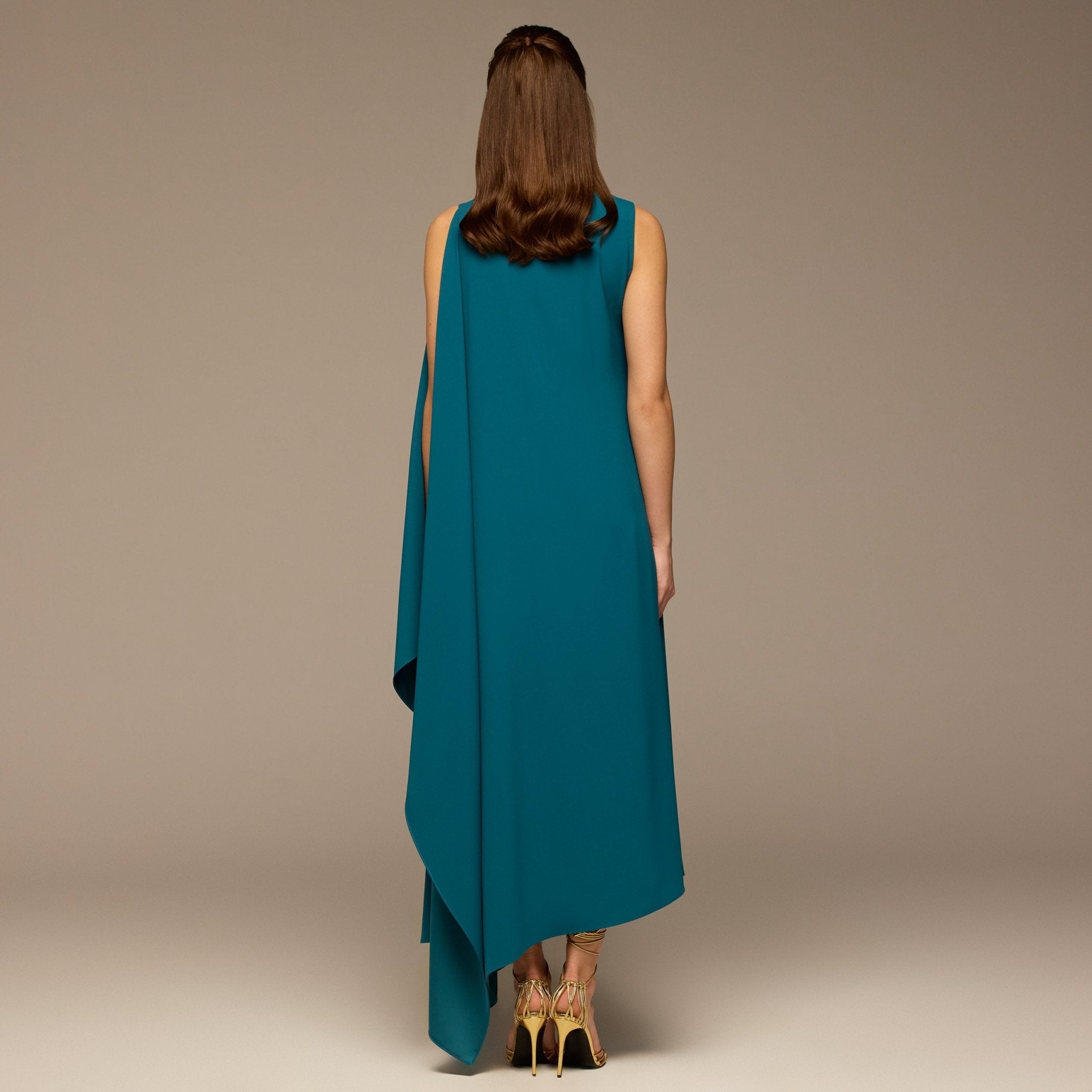 Turquoise Sleeveless Crepe Maxi Dress with Side Scarf - shopaleena