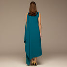 Turquoise Sleeveless Crepe Maxi Dress with Side Scarf - shopaleena