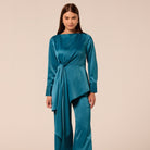 Turquoise Tie-Front Satin Blouse - shopaleena