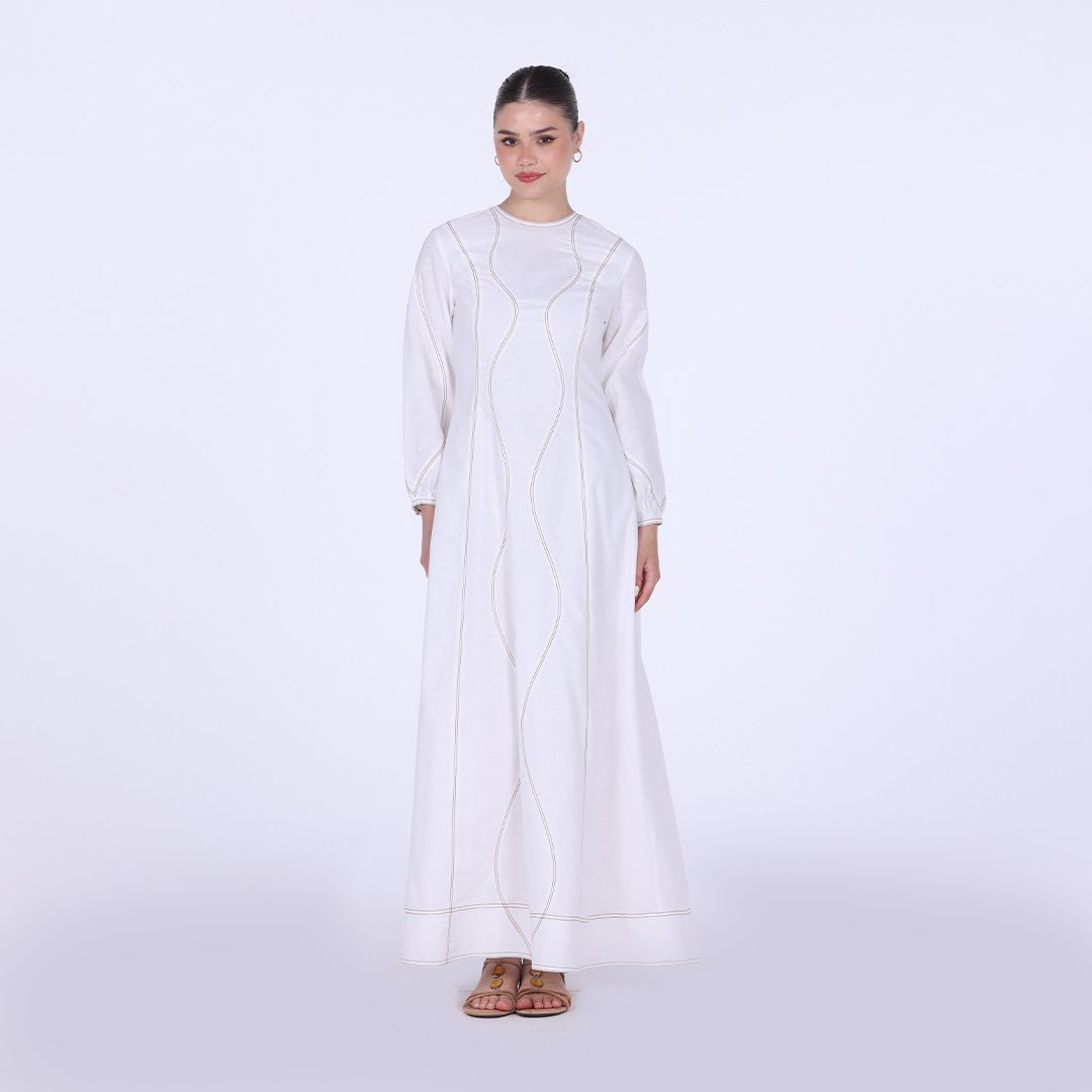 Twill Round Neck Puff Sleeve Maxi Dress - shopaleena