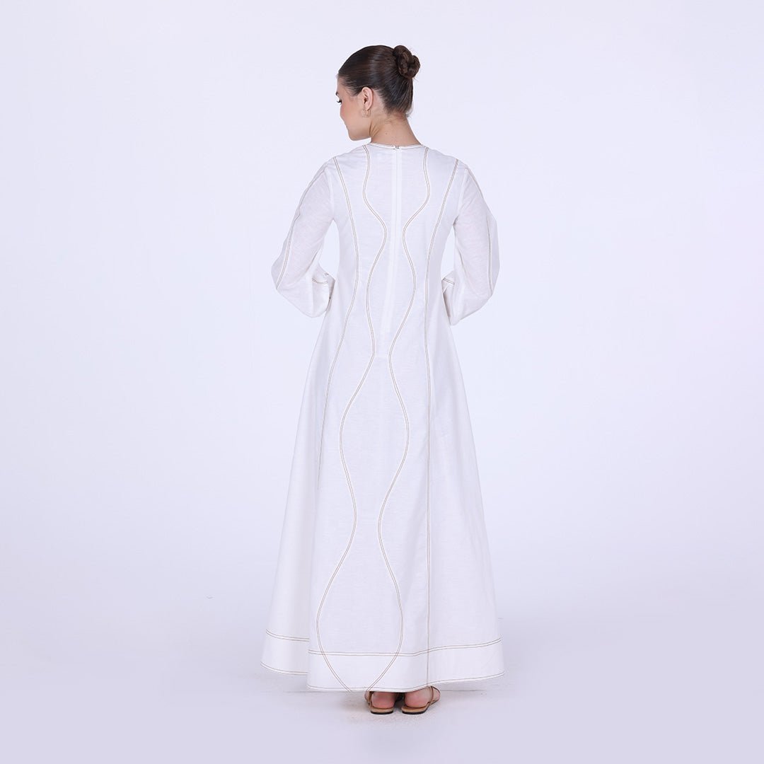 Twill Round Neck Puff Sleeve Maxi Dress - shopaleena